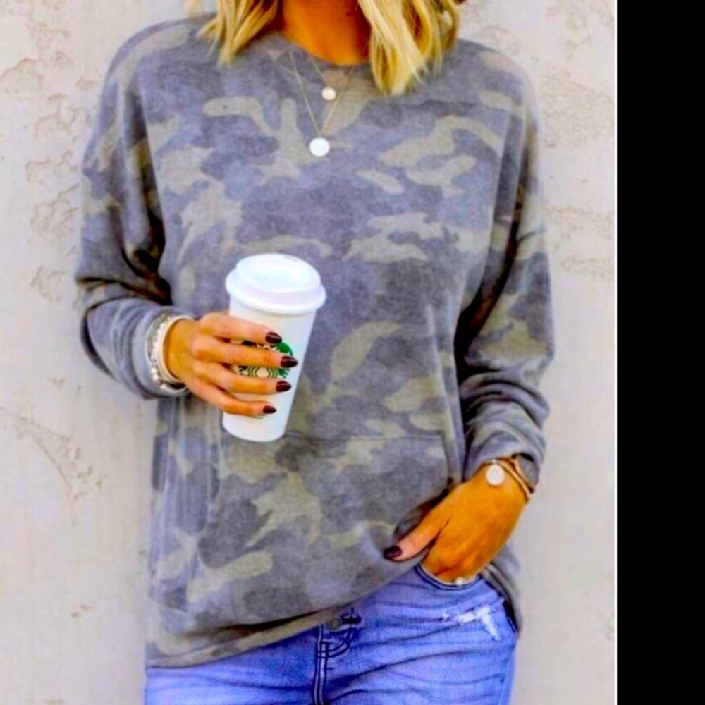 Grey Camouflage Crew Neck Long Sleeve Shirt
